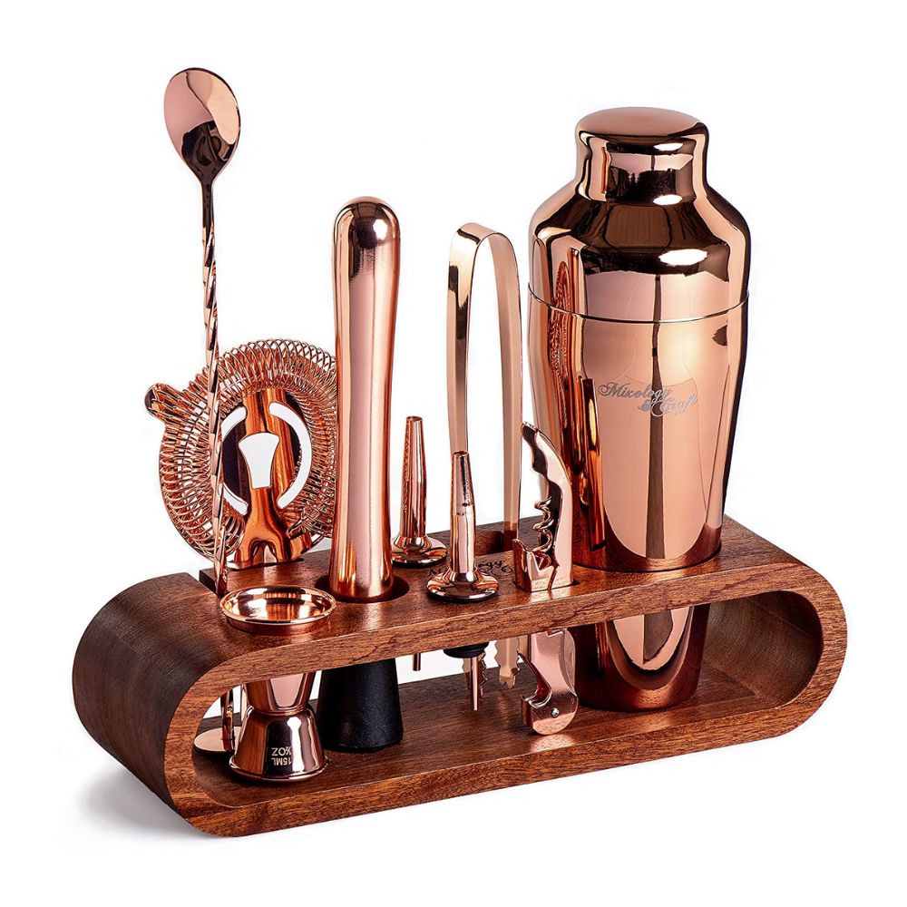 0-Piece Copper Bar Set Cocktail Shaker Set with Stylish Mahogany Stand